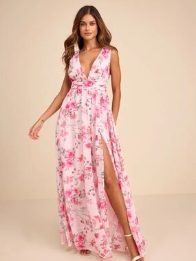 Lulus Heavenly Hues Pink Floral Maxi Dress M